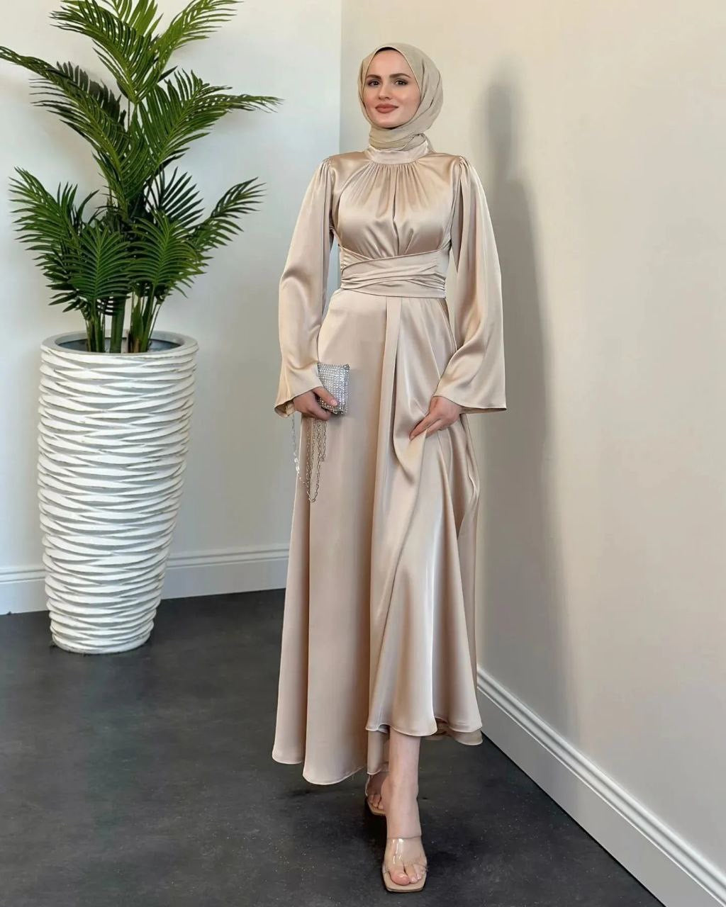 Nude silky shops dress