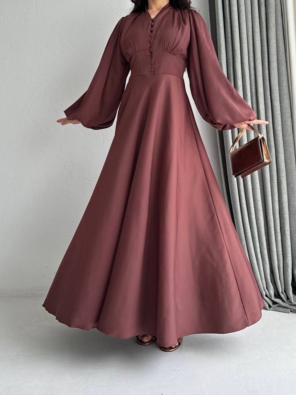 Satin Bishop Sleeve Maxi Evening Dress - Brown