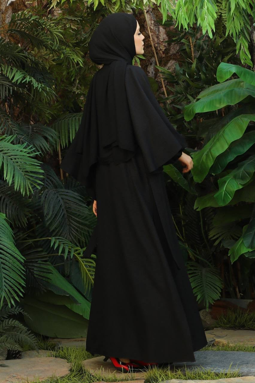 Linen Double Sleeve 2 Piece Abaya Set - Black