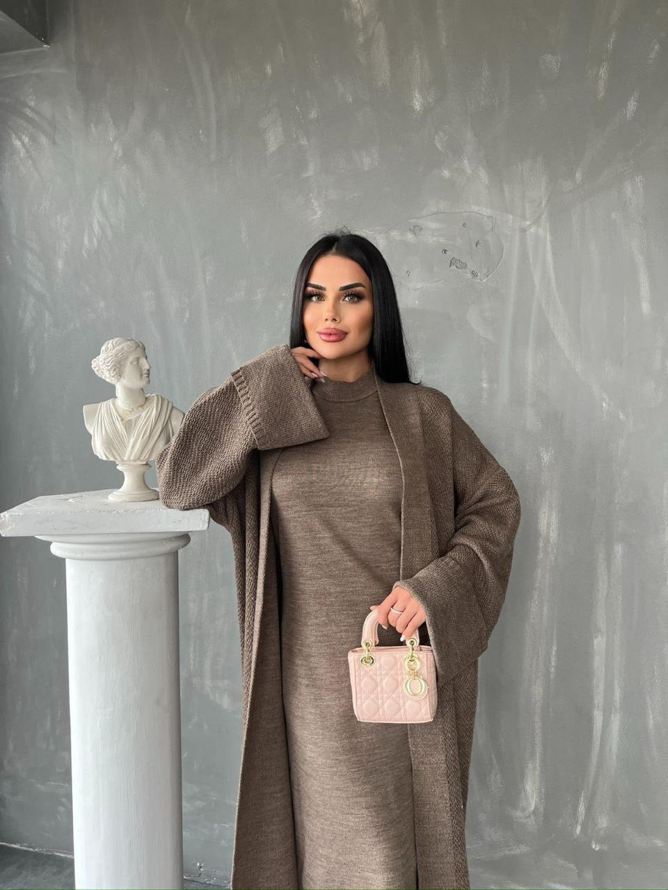 Knitted Abaya Cardigan 2 Piece Set - Mocha