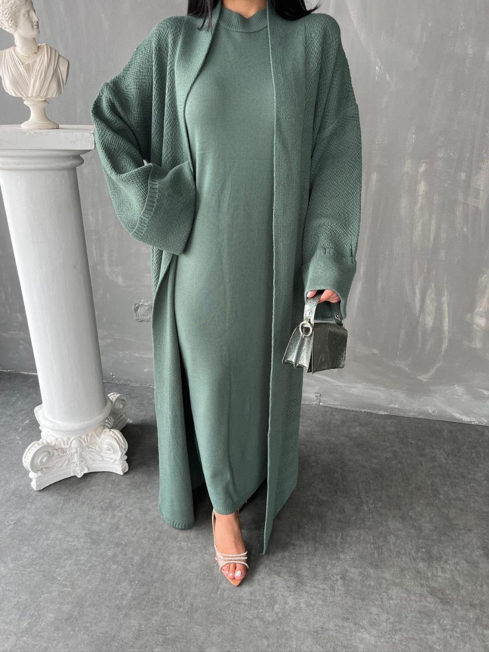 Knitted Abaya Cardigan 2 Piece Set - Sage