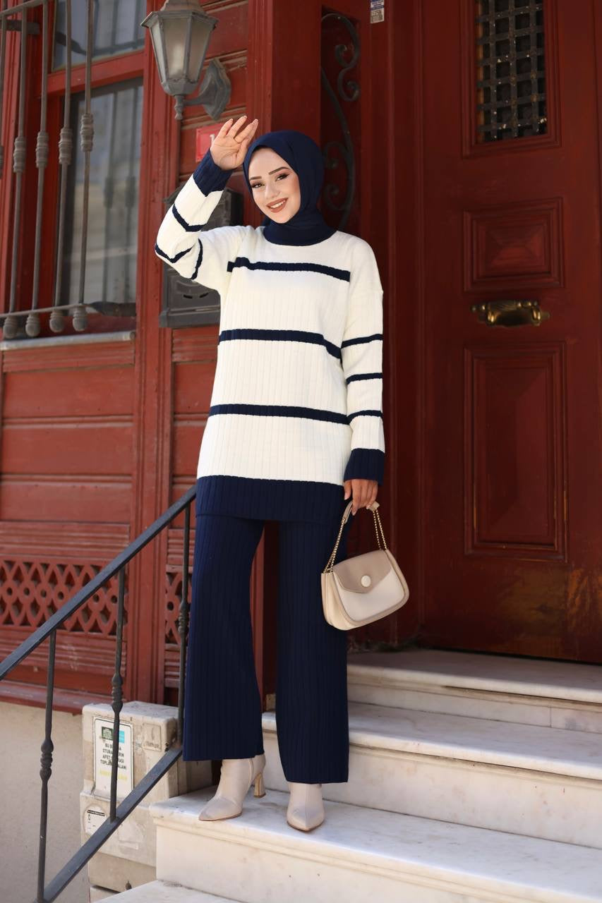 Knitted Striped 2 Piece Set - Navy