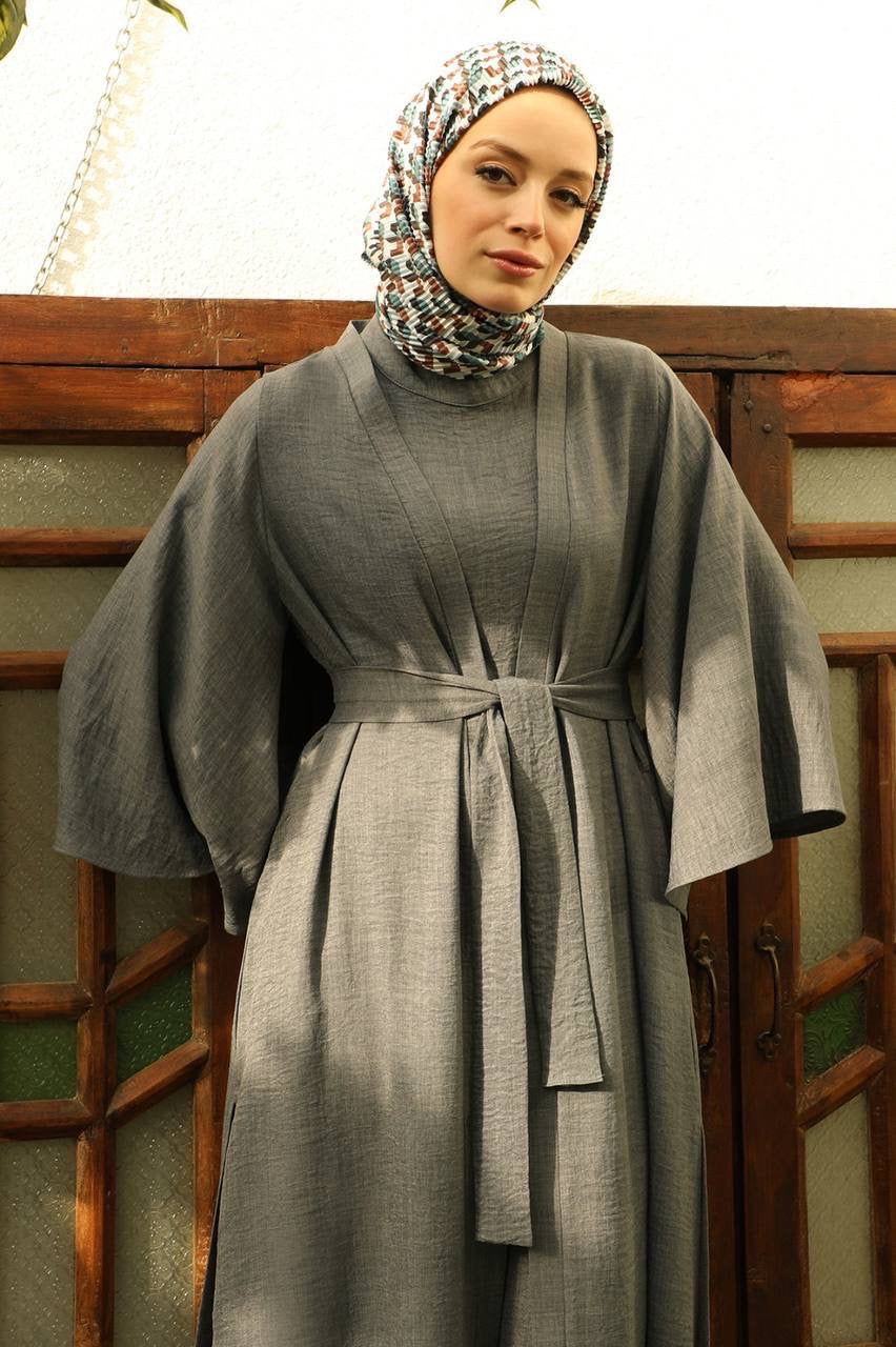 Linen Double Sleeve 2 Piece Abaya Set - Charcoal
