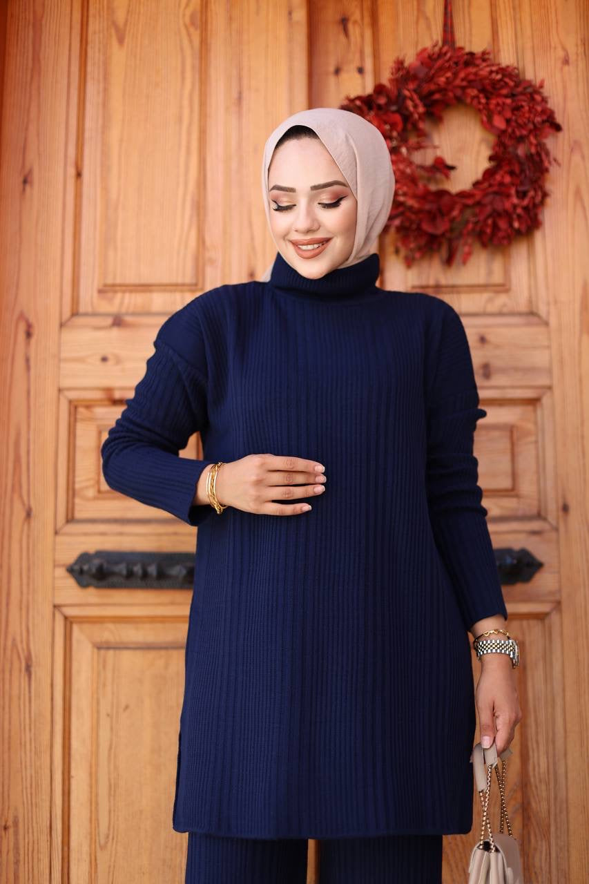 Knitted Turtleneck 2 Piece Set - Navy