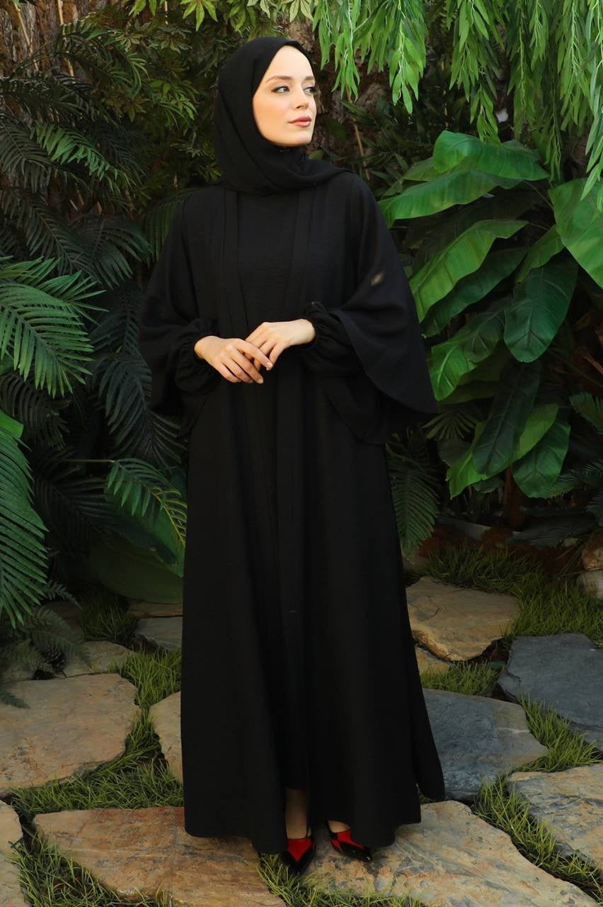Linen Double Sleeve 2 Piece Abaya Set - Black