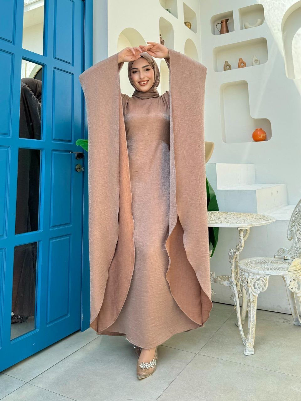 Brushed Satin Butterfly Abaya Dress - Mocha