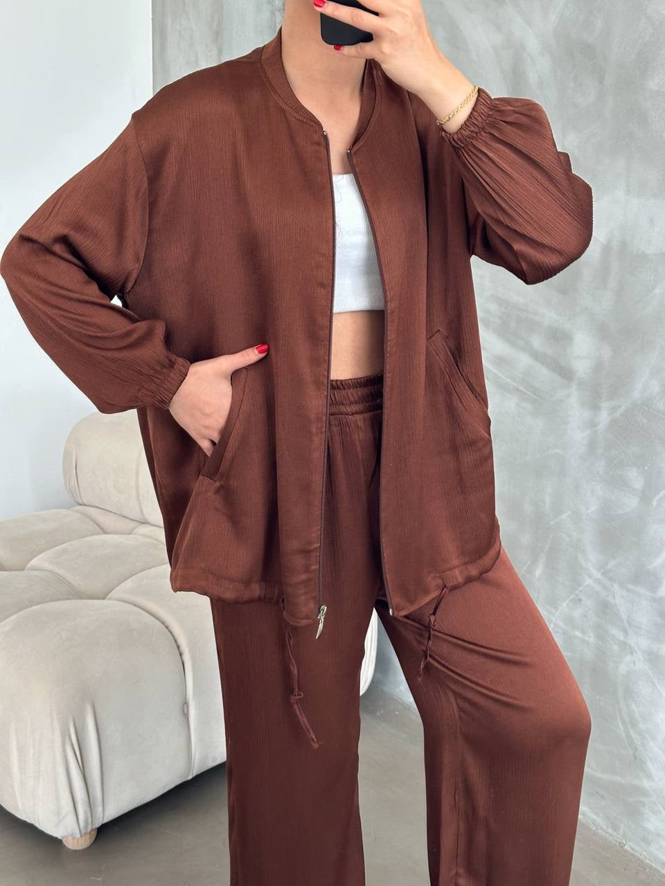 Satin Zip Up 2 Piece Set - Mocha