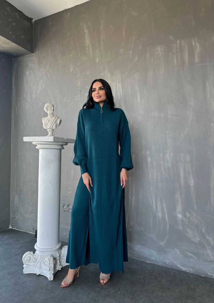 2 Piece Slit Knit Dress - Emerald Green