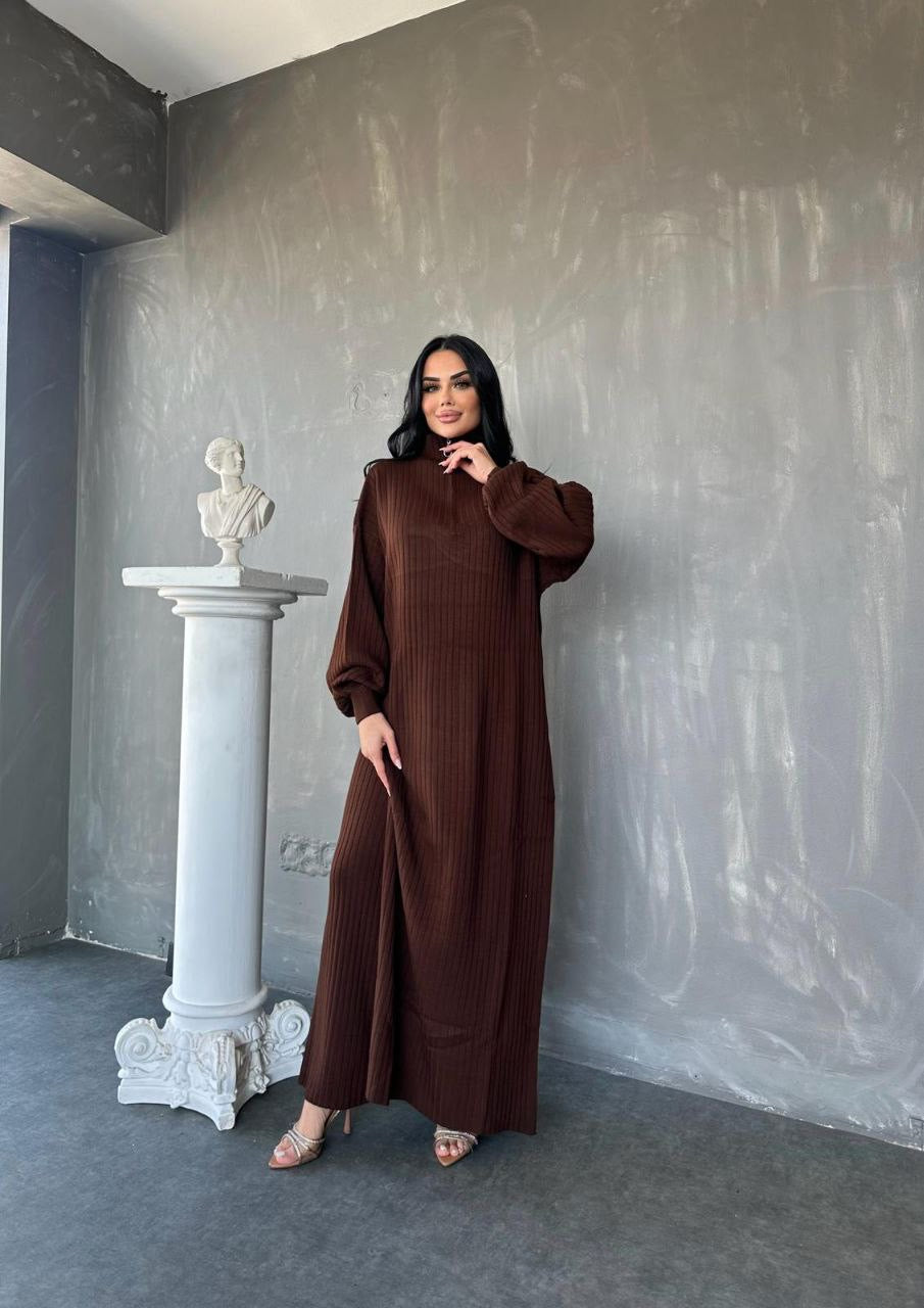 2 Piece Slit Knit Dress - Brown