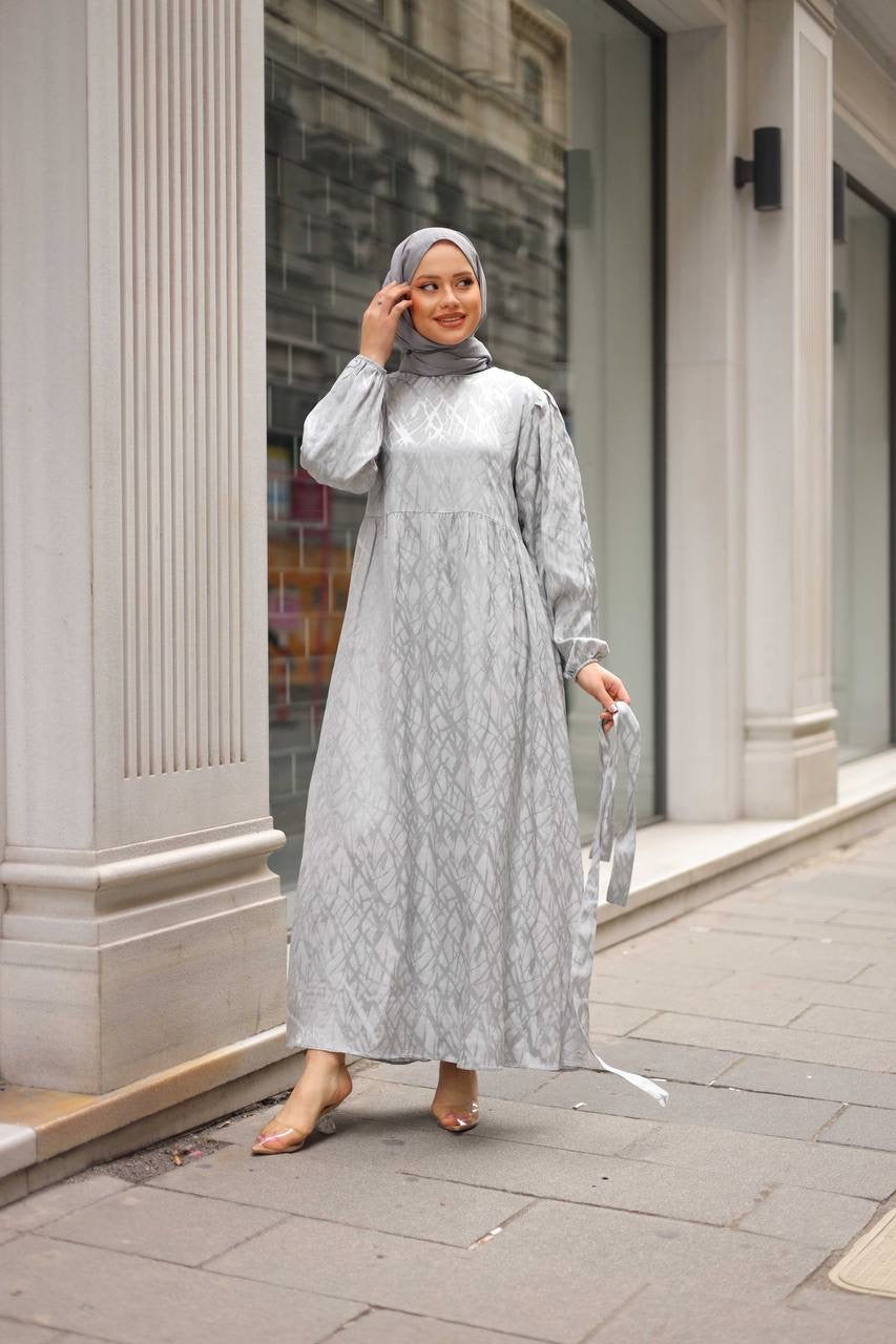 Jacquard Pattern Satin/Fabric Maxi Dress - Grey
