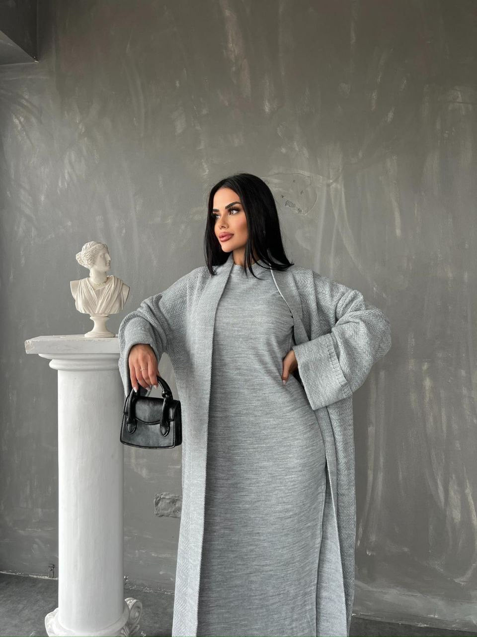 Knitted Abaya Cardigan 2 Piece Set - Grey