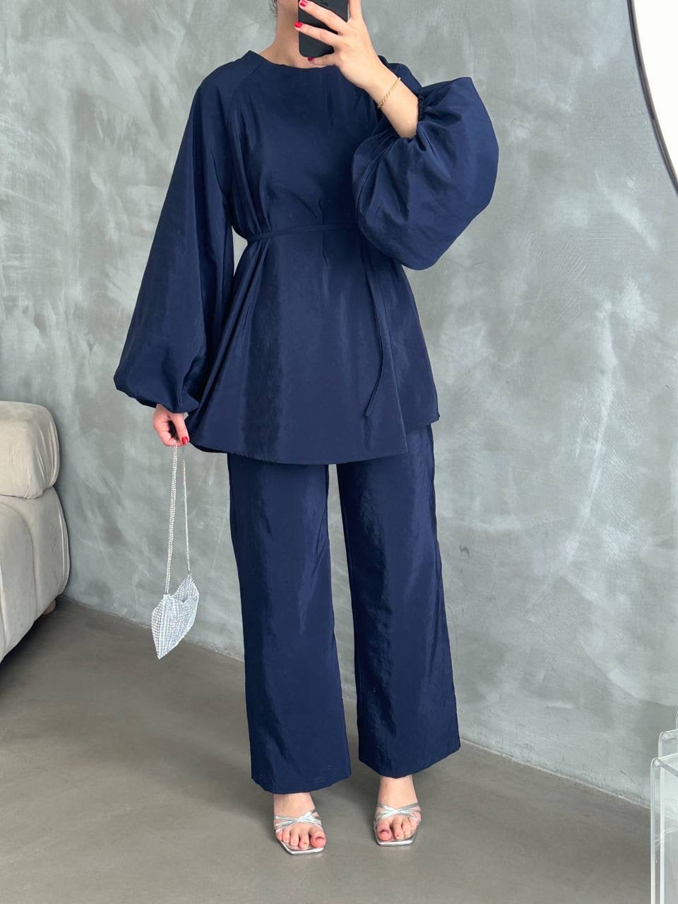 Ballon Sleeve 2 Piece Set - Navy