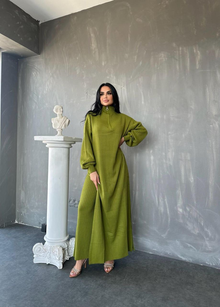 2 Piece Slit Knit Dress - Goldish Pistachio