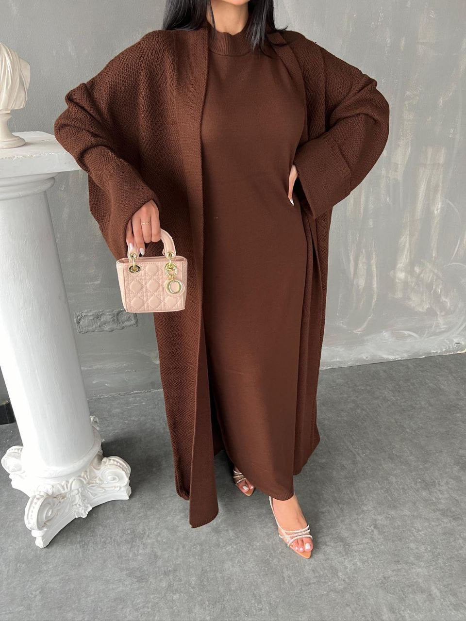 Knitted Abaya Cardigan 2 Piece Set - Brown