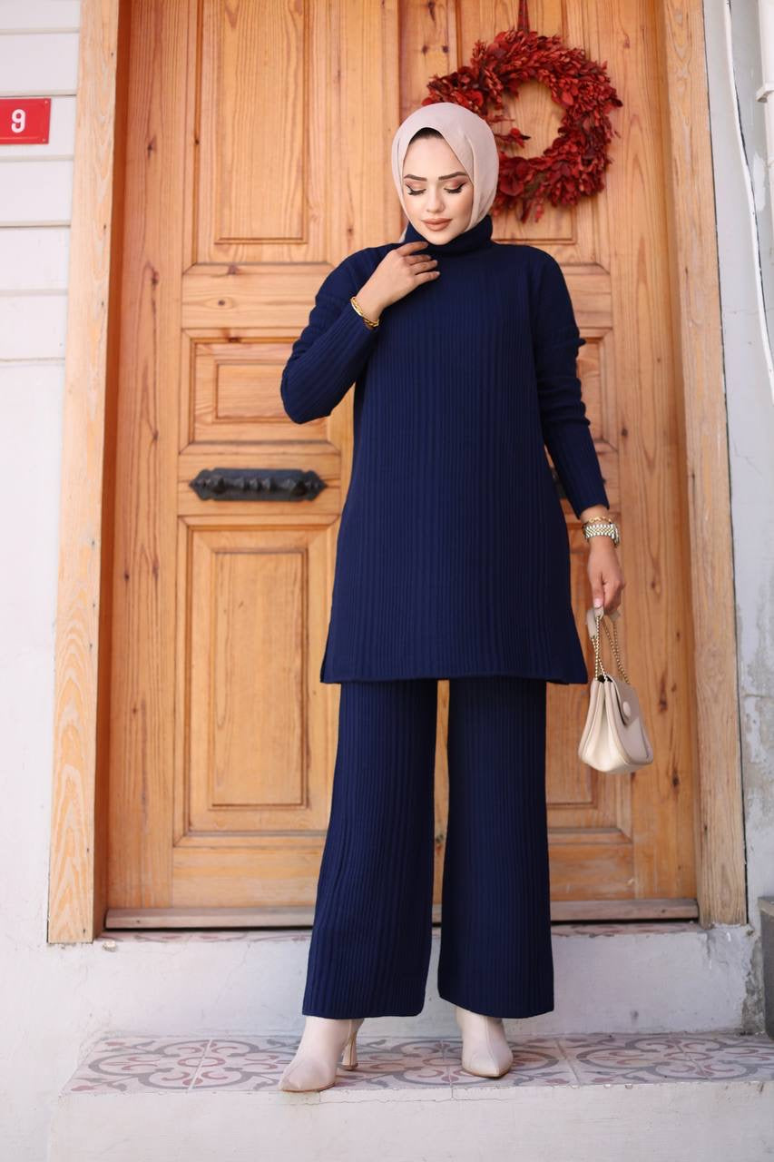 Knitted Turtleneck 2 Piece Set - Navy