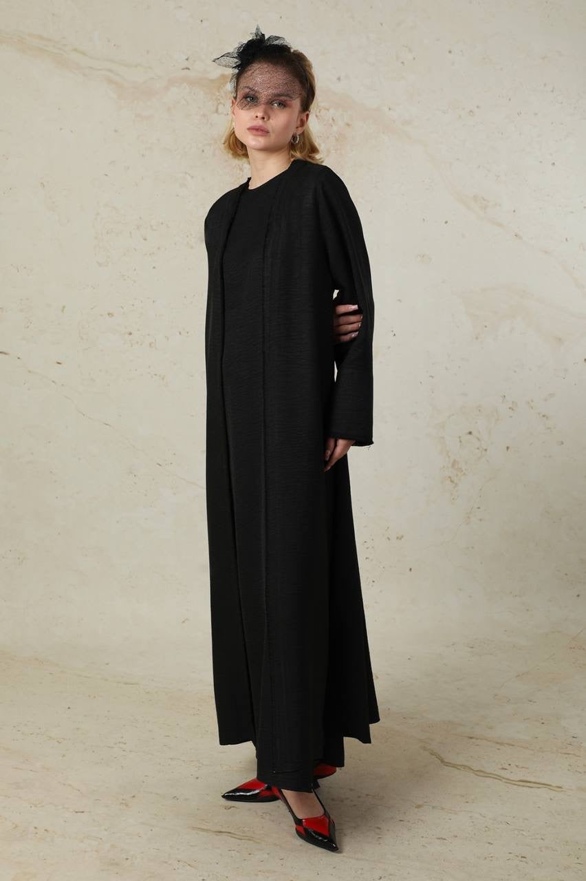 Linen 2 Piece Abaya Set - Black