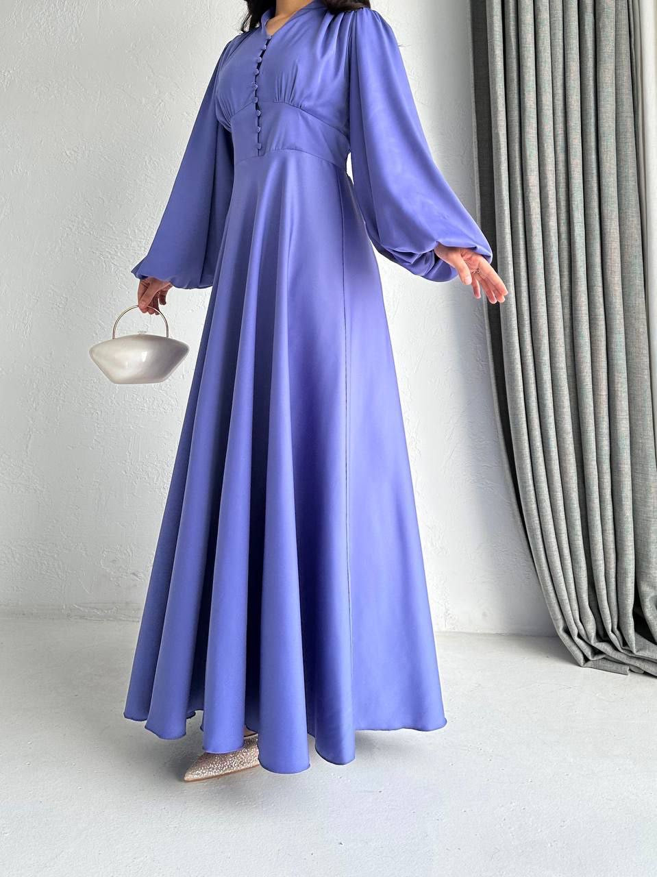 Satin Bishop Sleeve Maxi Evening Dress - Indigo