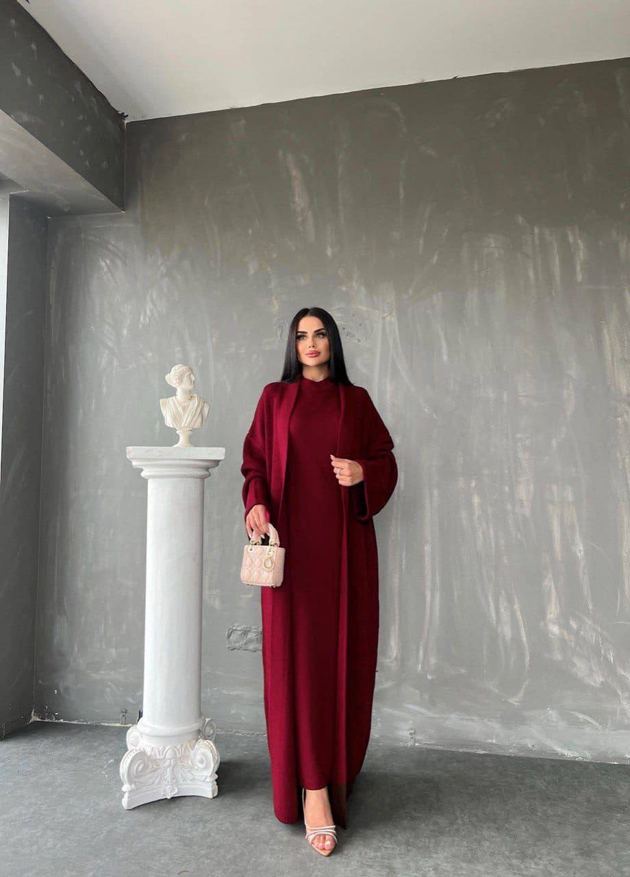 Knitted Abaya Cardigan 2 Piece Set - Maroon