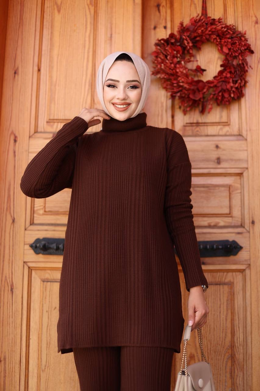 Knitted Turtleneck 2 Piece Set - Brown