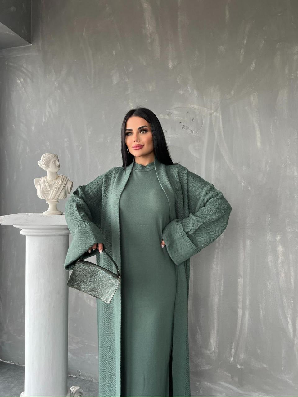 Knitted Abaya Cardigan 2 Piece Set - Sage