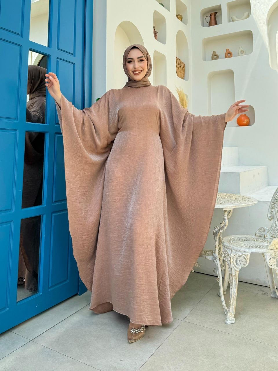 Brushed Satin Butterfly Abaya Dress - Mocha