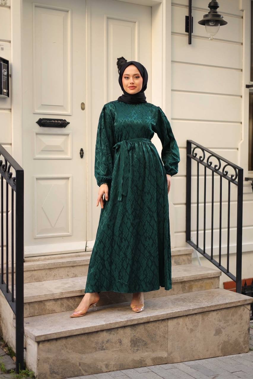 Jacquard Pattern Satin/Fabric Maxi Dress - Green