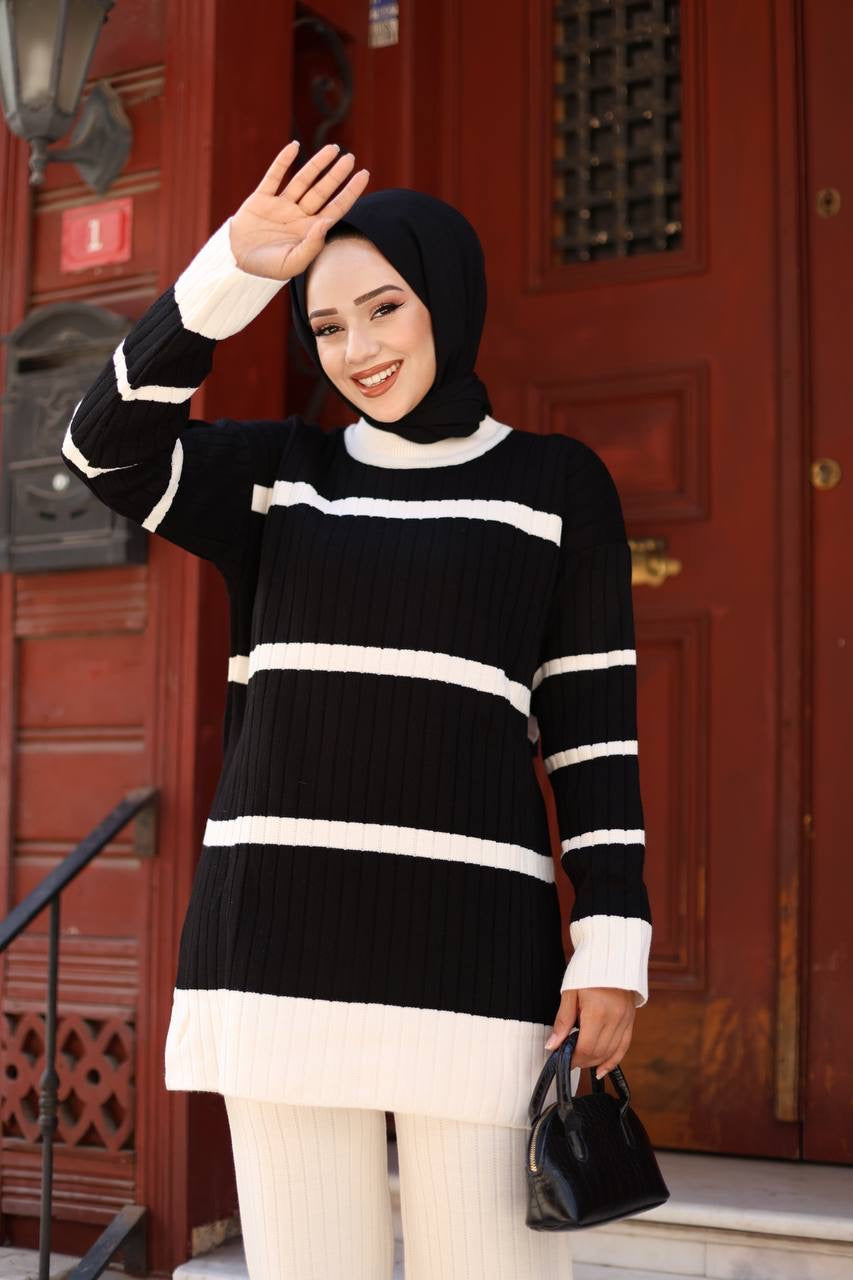 Knitted Striped 2 Piece Set - Black