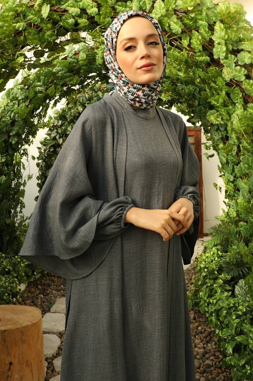 Linen Double Sleeve 2 Piece Abaya Set - Charcoal