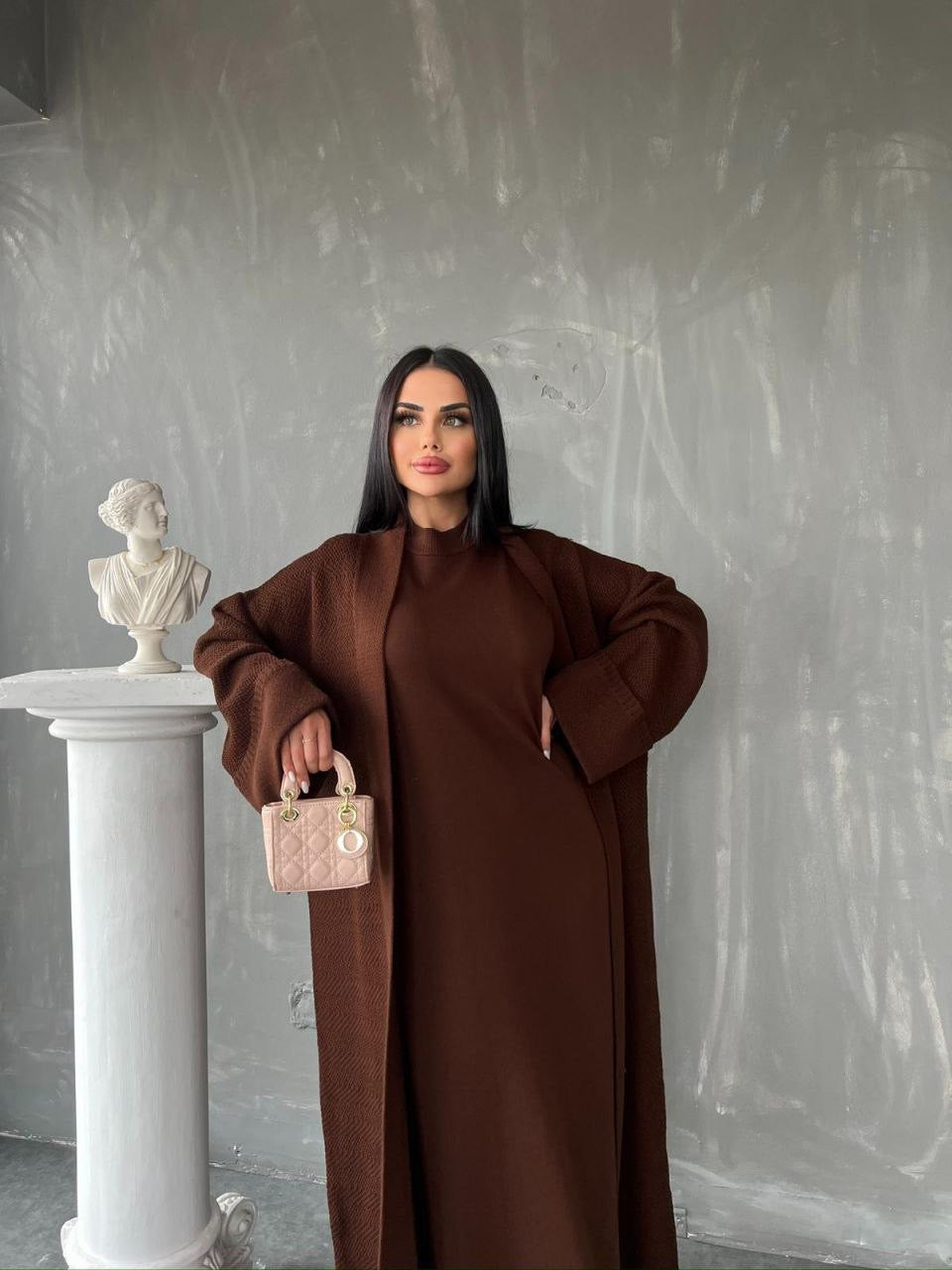 Knitted Abaya Cardigan 2 Piece Set - Brown