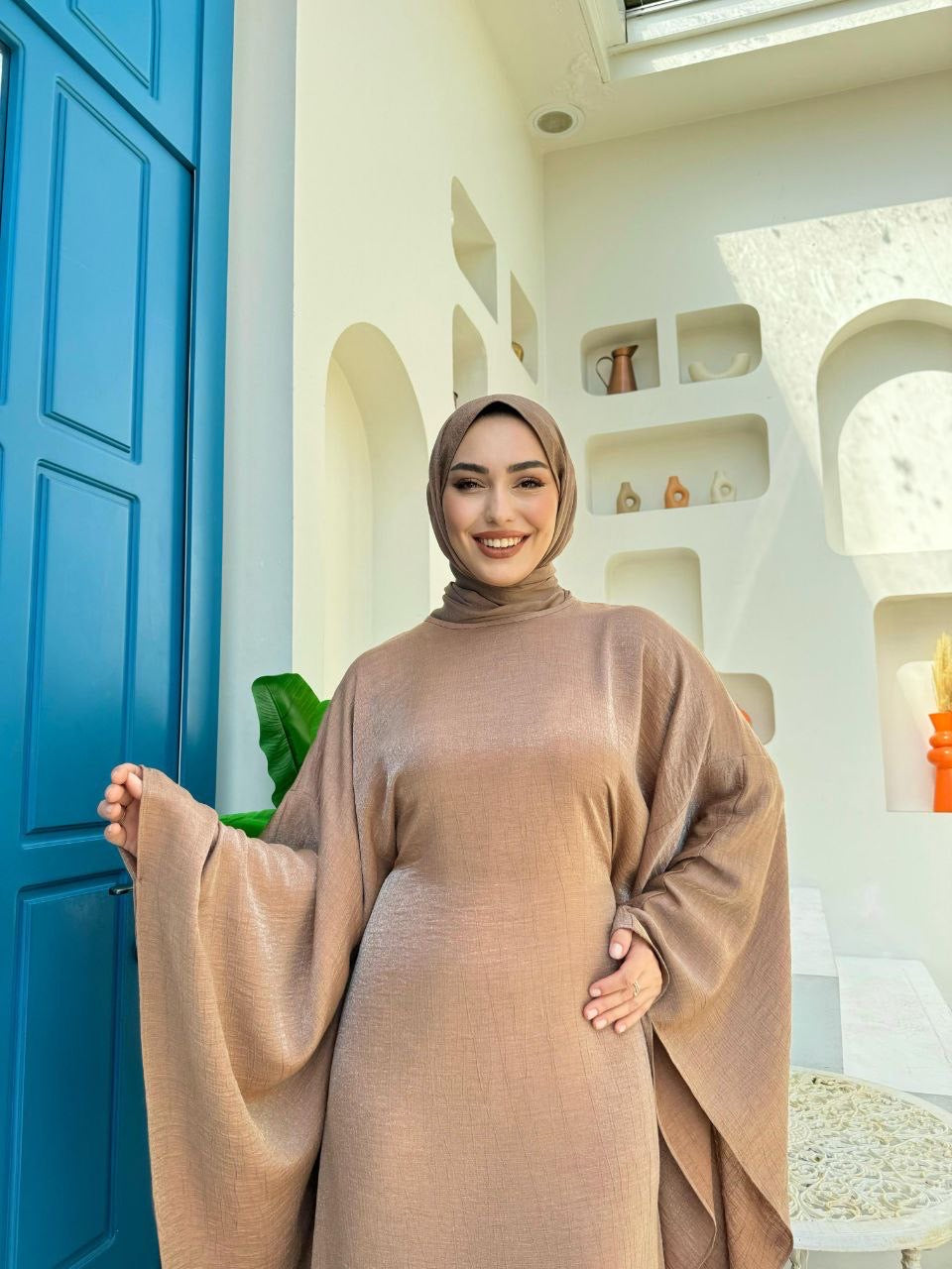 Brushed Satin Butterfly Abaya Dress - Mocha