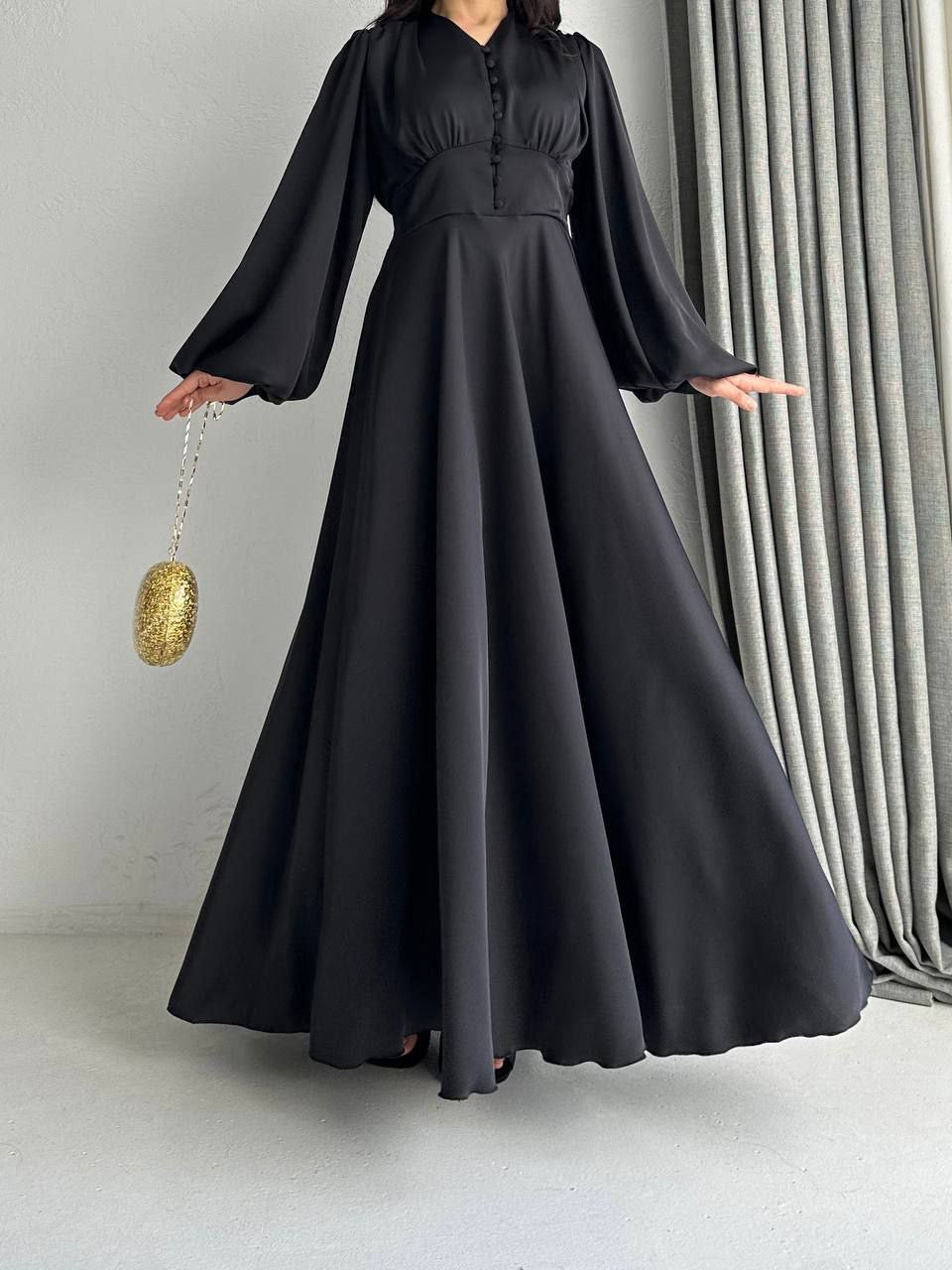 Satin Bishop Sleeve Maxi Evening Dress - Black