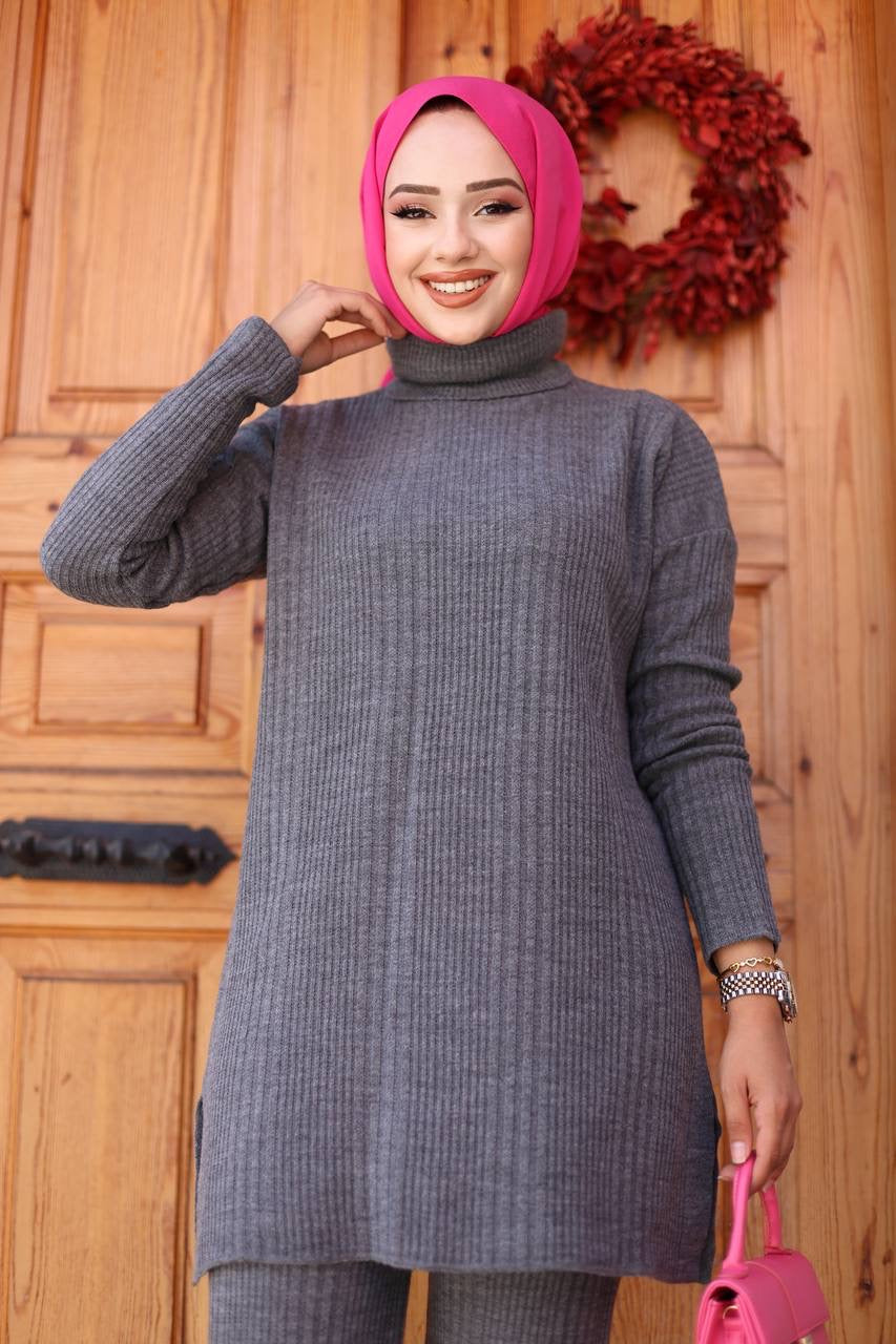 Knitted Turtleneck 2 Piece Set - Grey