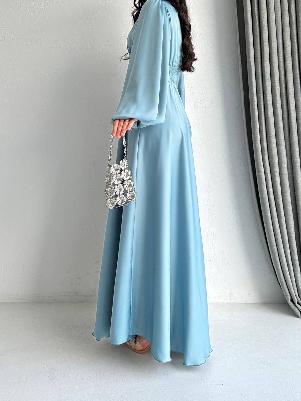 Satin Bishop Sleeve Maxi Evening Dress - Tiffany Blue