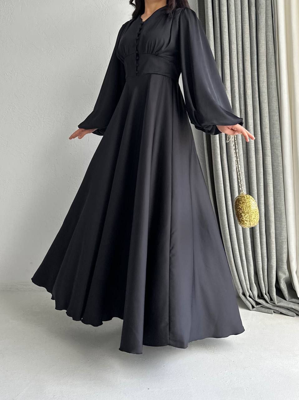 Satin Bishop Sleeve Maxi Evening Dress - Black