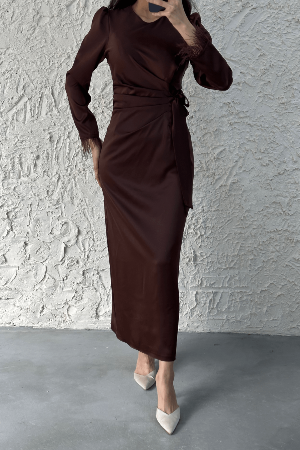 Lamis Feather Sleeve Satin Wrap Maxi Dress - Brown