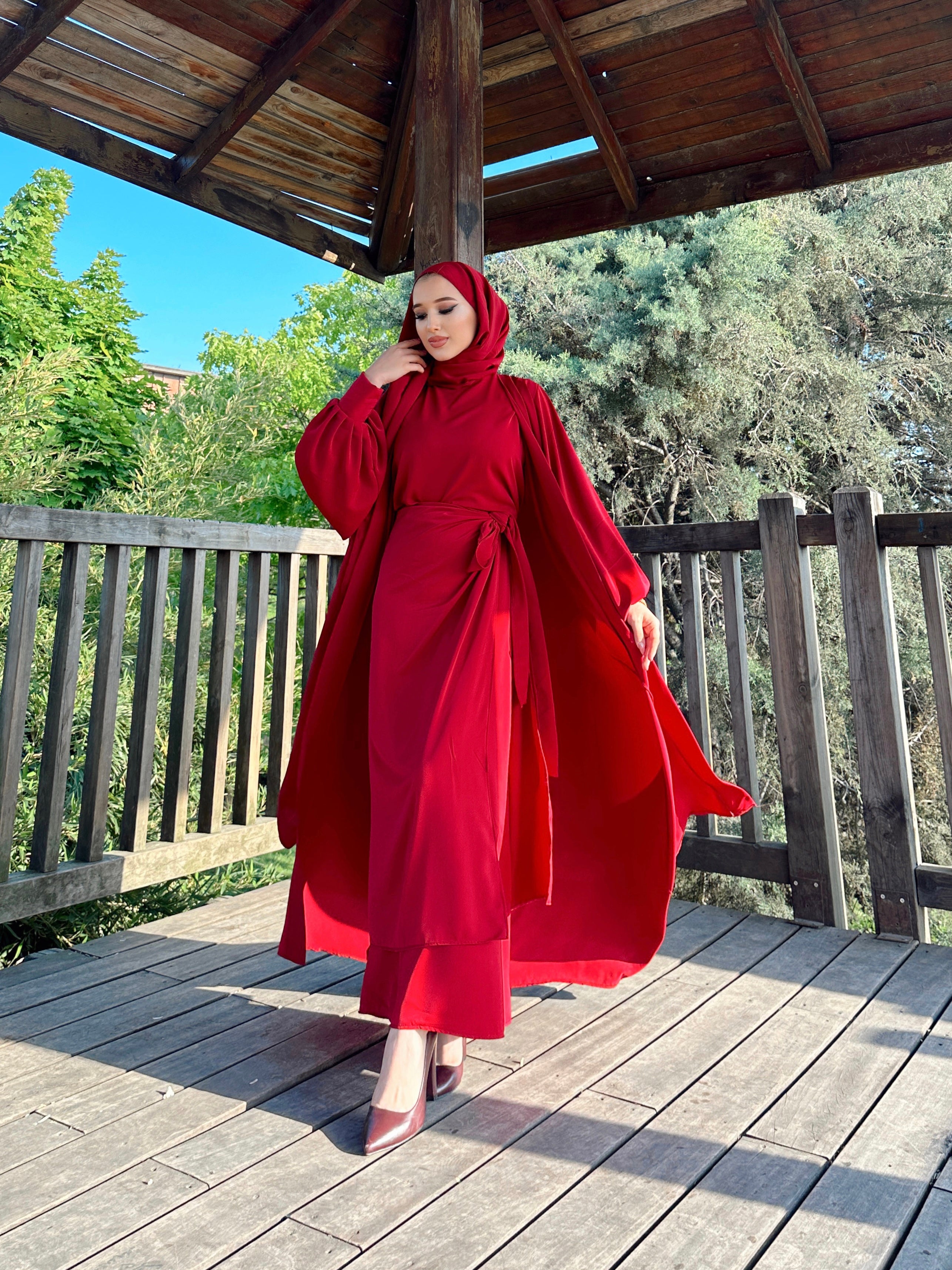 Nesreen 3 Piece Abaya Set - Maroon