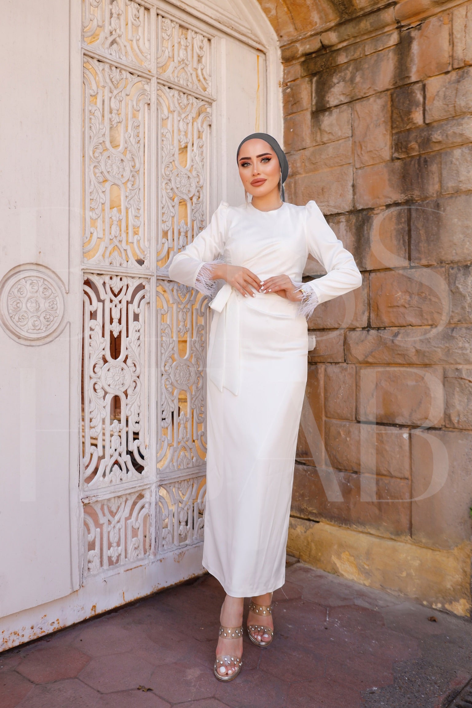 Lamis Feather Sleeve Satin Wrap Maxi Dress - White