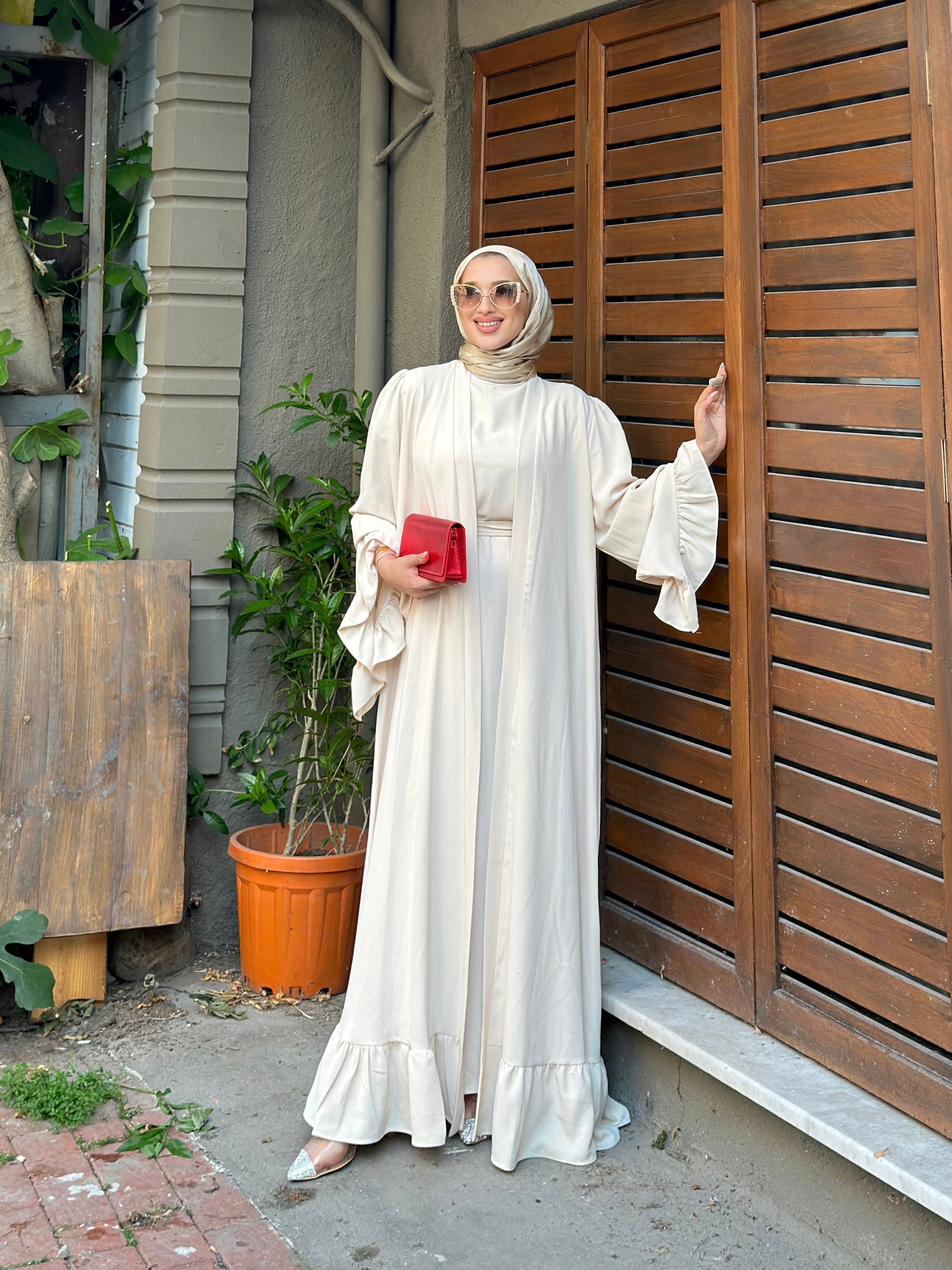 Fadia 2 Piece Open Abaya Set - Off White