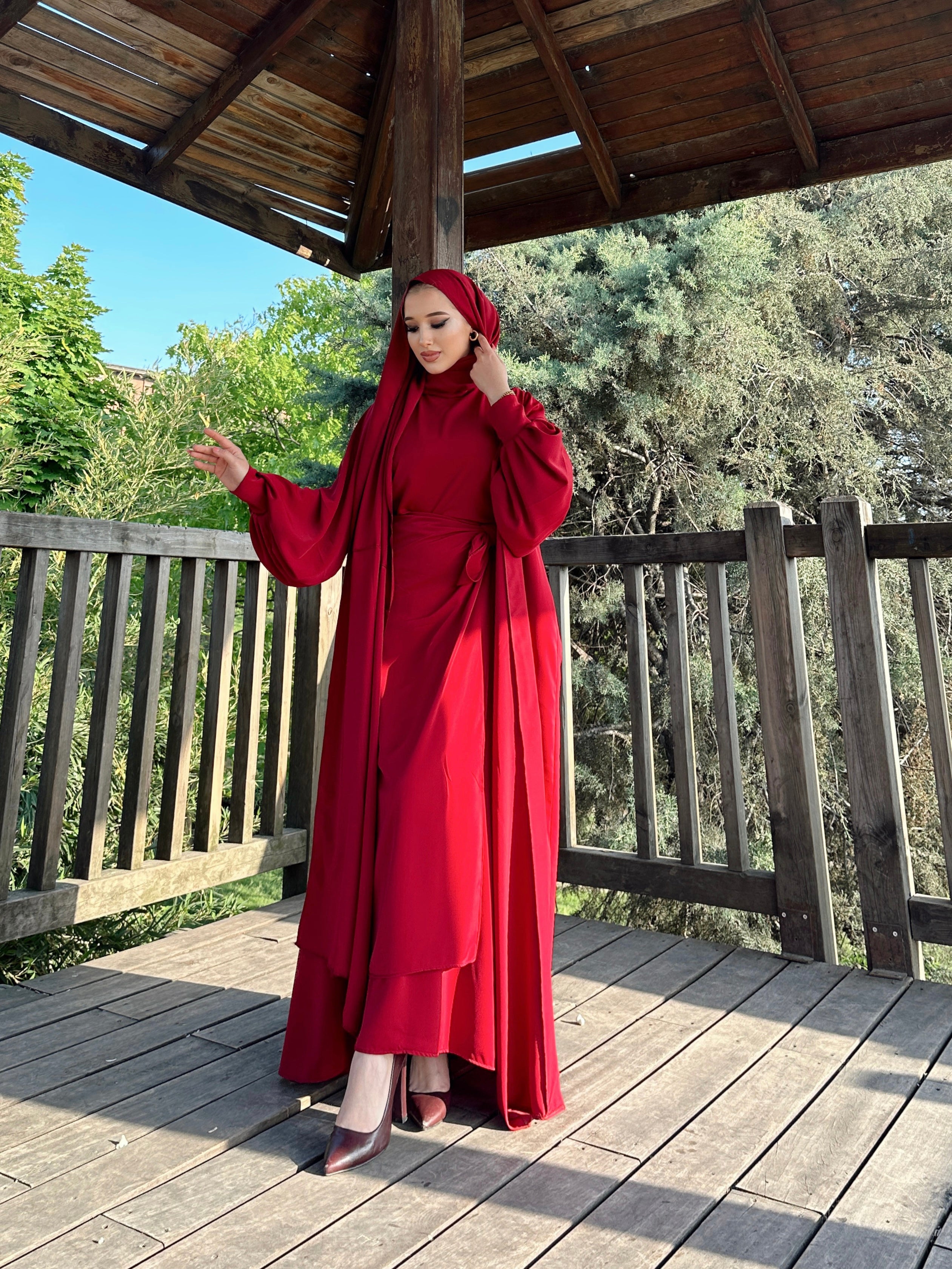 Nesreen 3 Piece Abaya Set - Maroon
