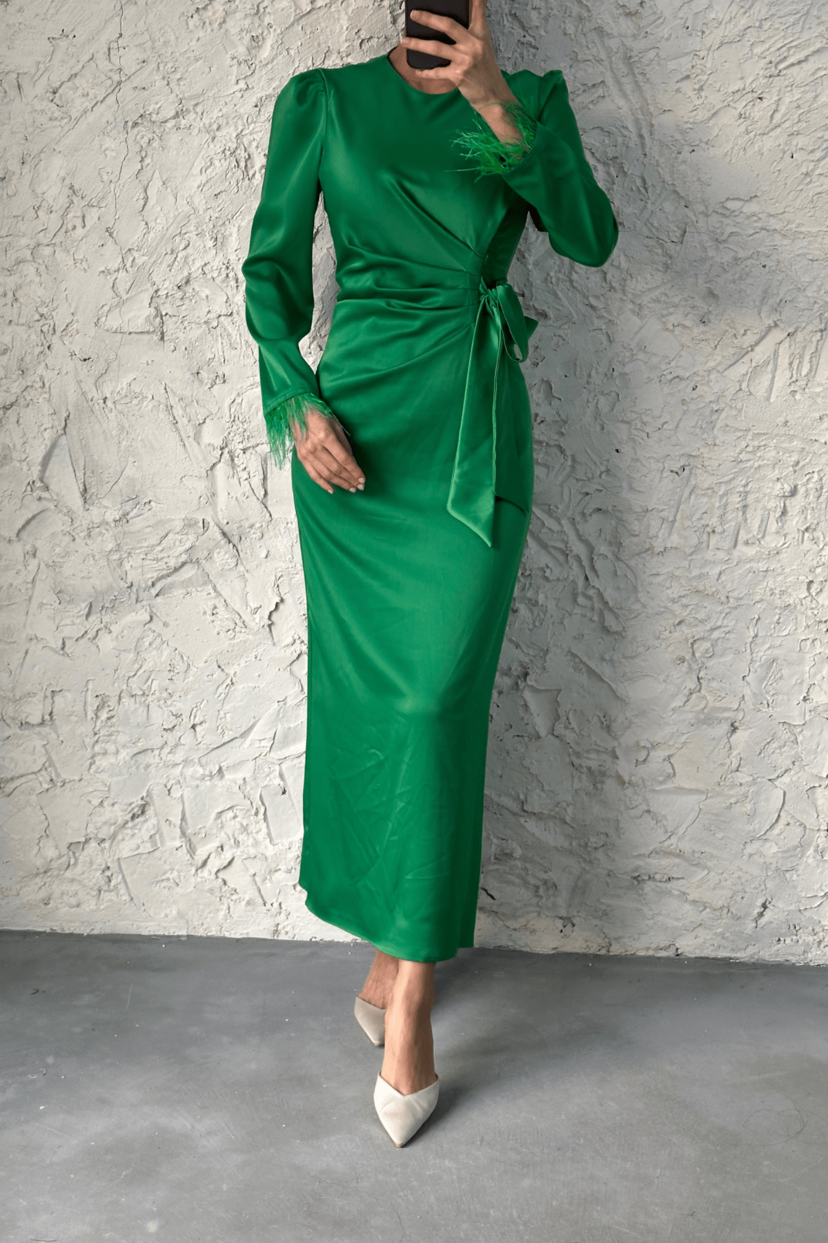 Lamis Feather Sleeve Satin Wrap Maxi Dress - Emerald