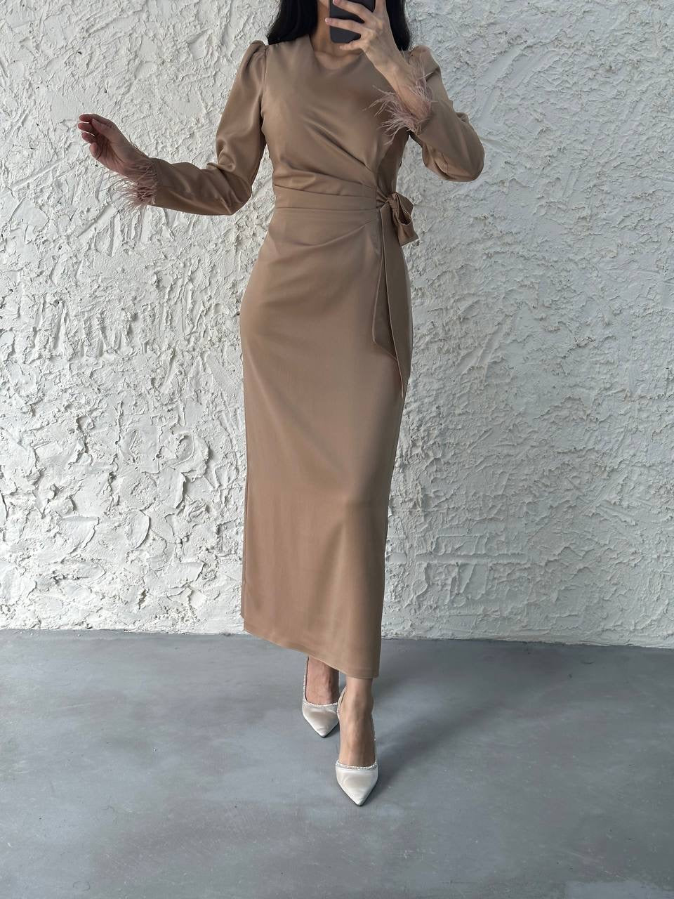 Lamis Feather Sleeve Satin Wrap Maxi Dress - Beige