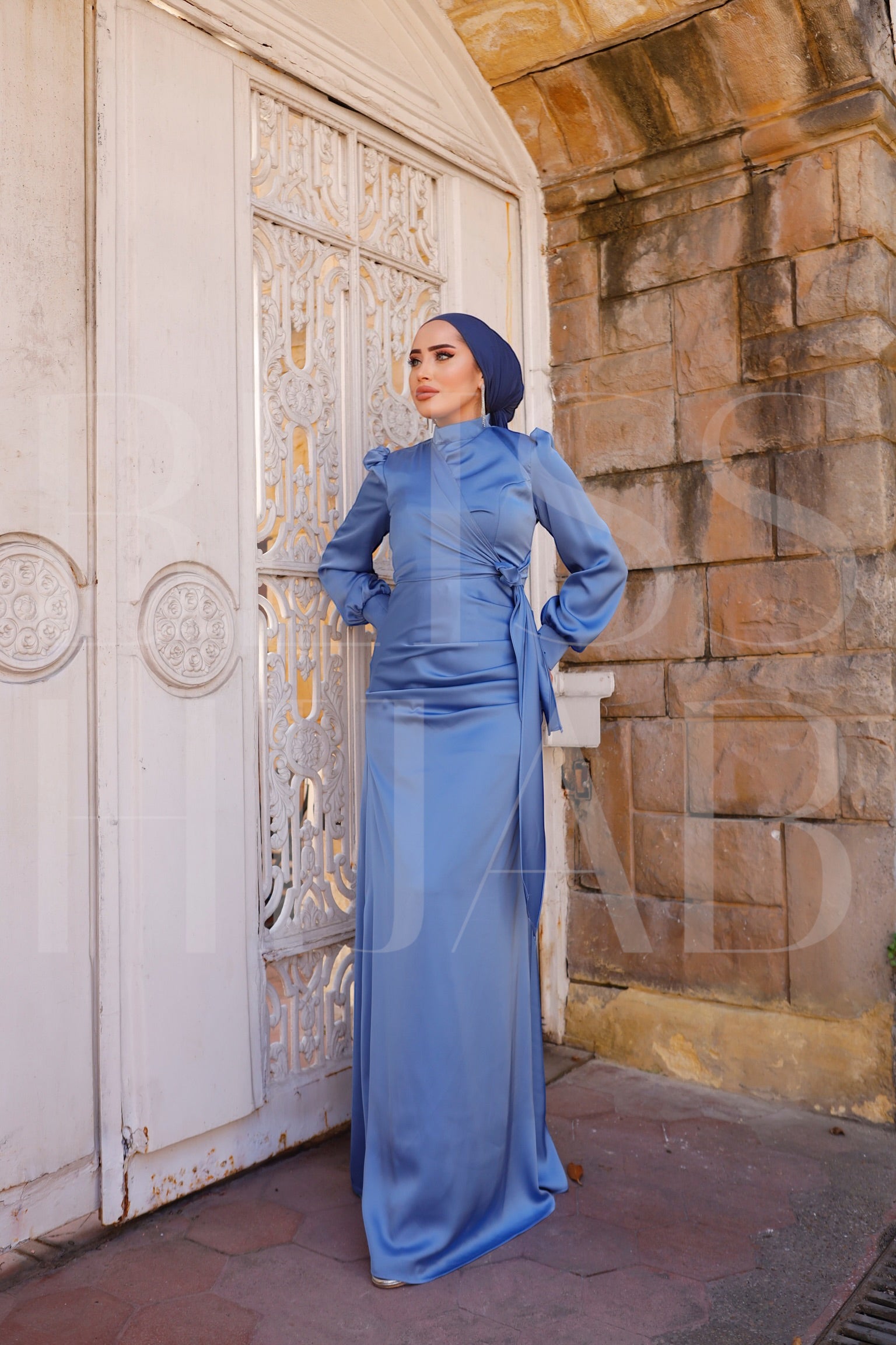 Malika Wrap Satin Wrap Maxi Dress - Jean Blue