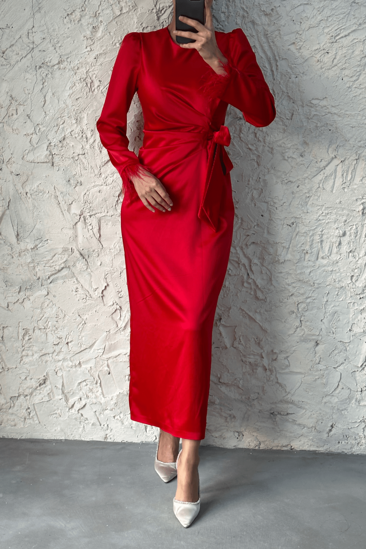Lamis Feather Sleeve Satin Wrap Maxi Dress - Red