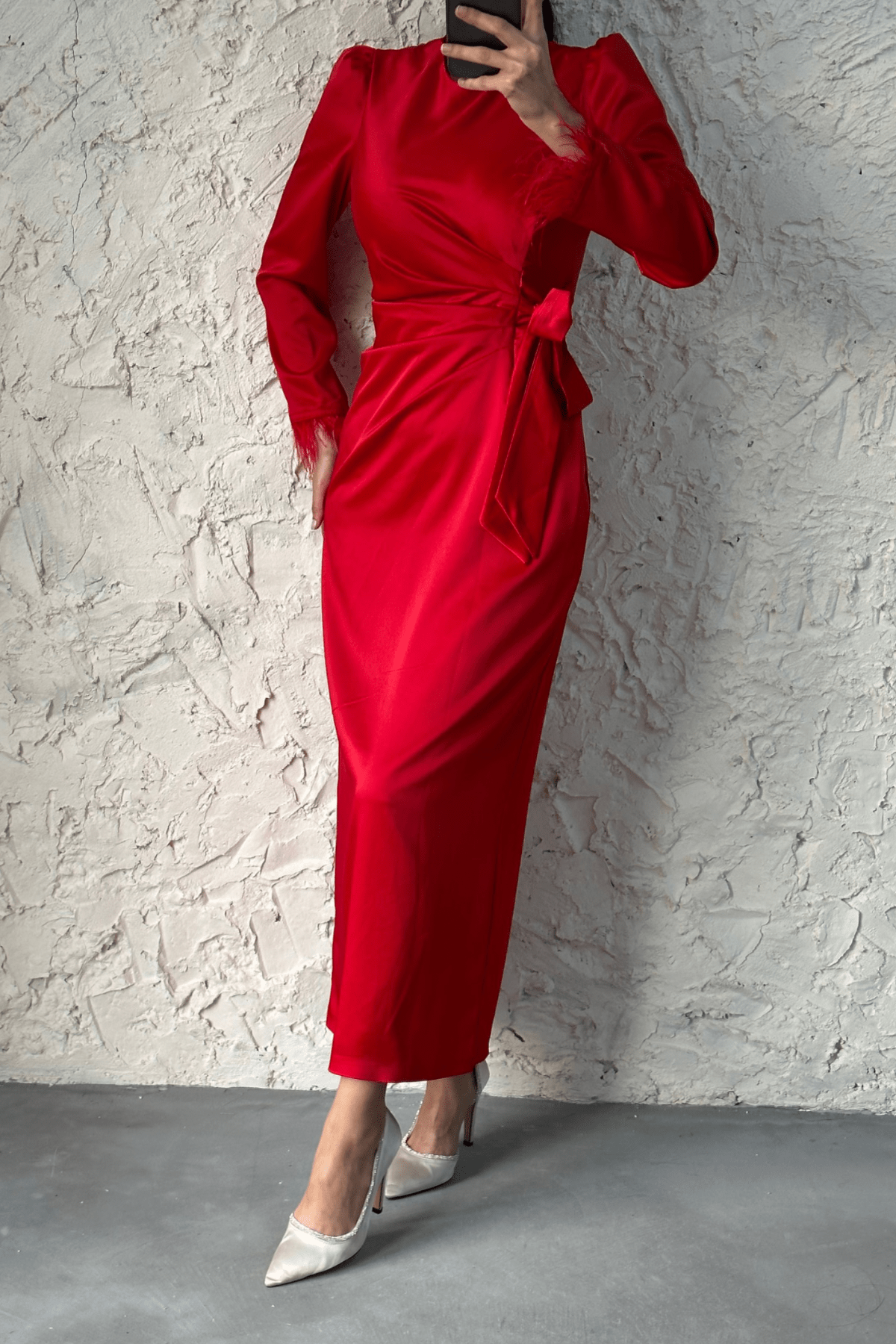Lamis Feather Sleeve Satin Wrap Maxi Dress - Red