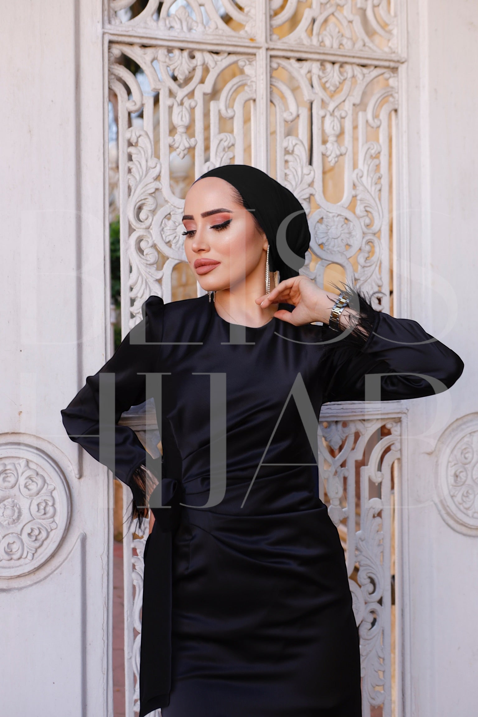 Lamis Feather Sleeve Satin Wrap Maxi Dress - Black