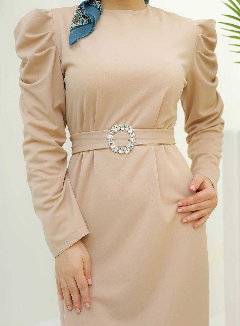 Sarah Ballon Sleeve Maxi Dress + Belt - Beige
