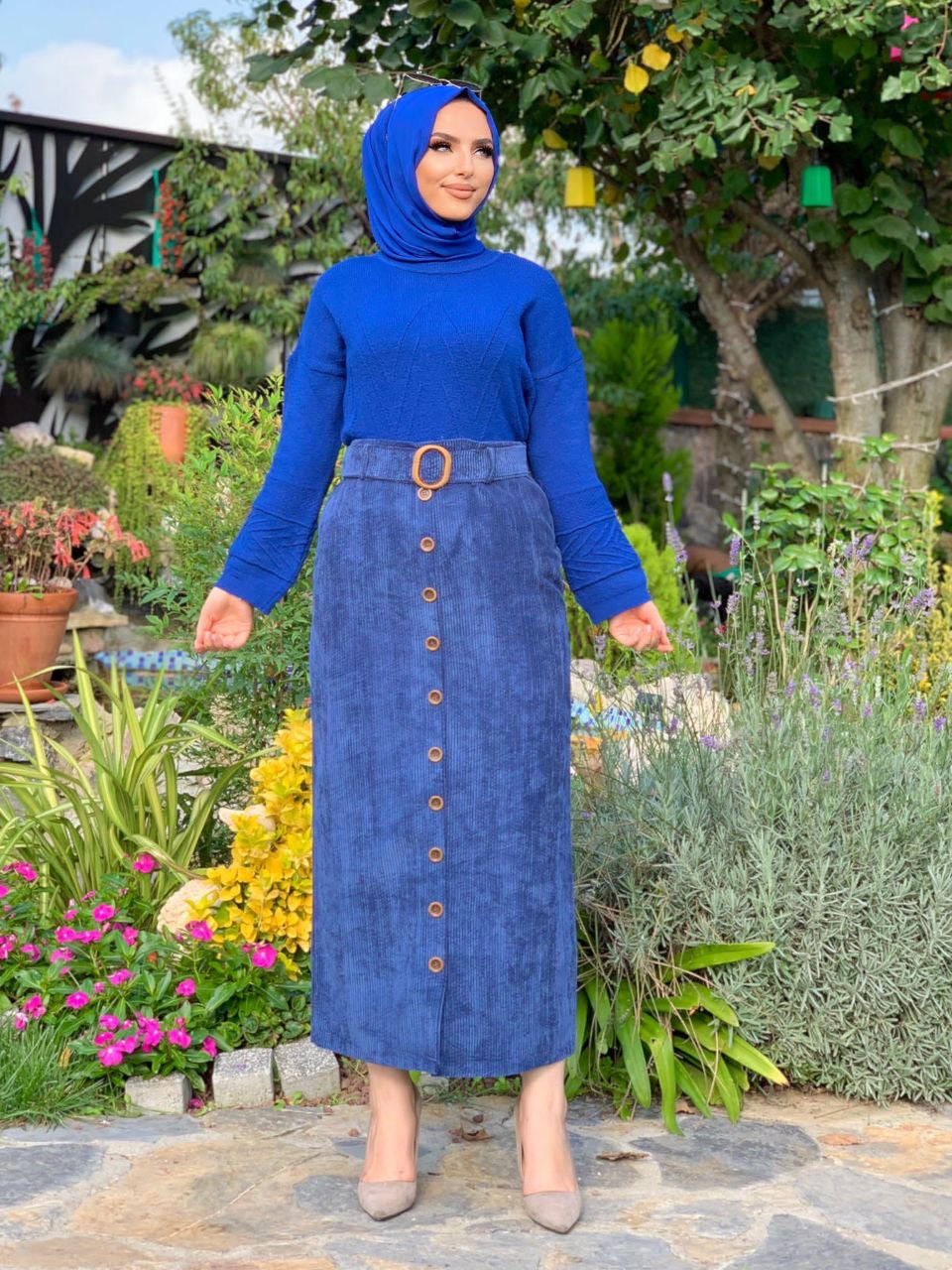Corduroy Skirt W/ Belt - Blue